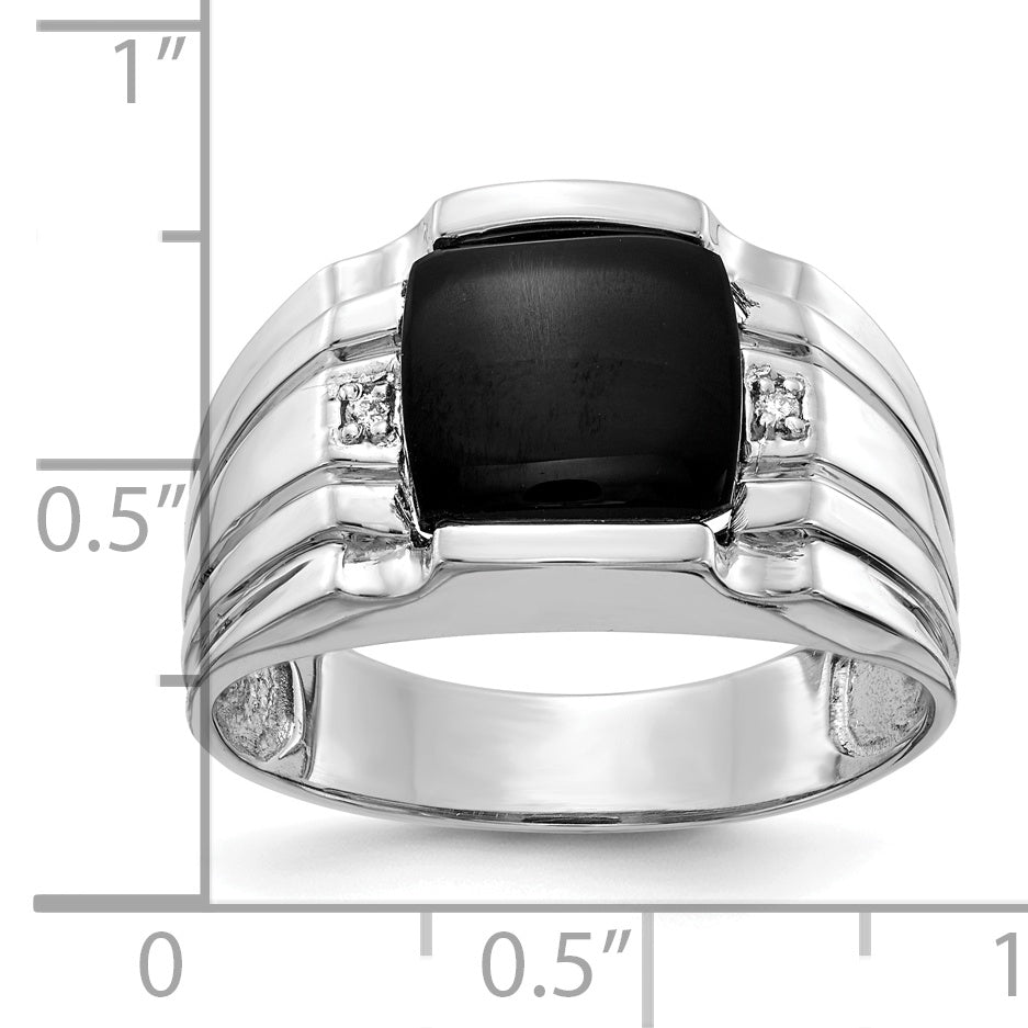 14k White Gold Cushion Onyx and AA Diamond Mens Ring