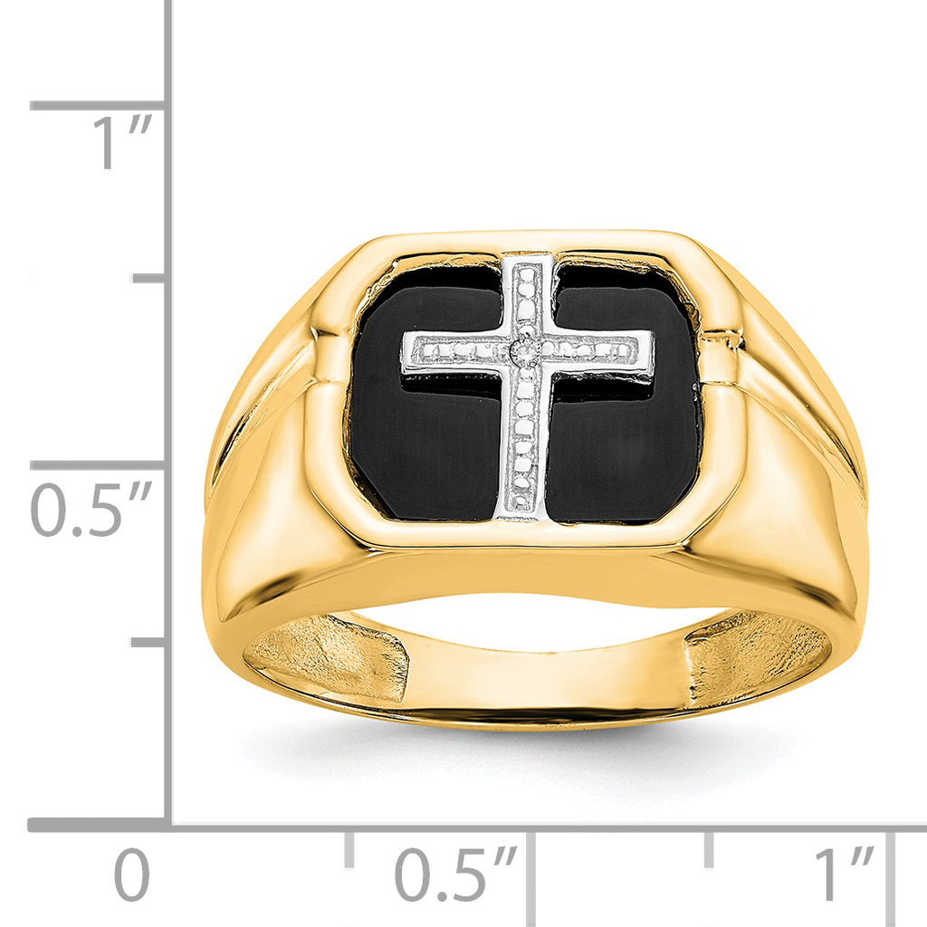 14k Octagon Onyx and AA Diamond Mens Cross Sterling Silver Ring