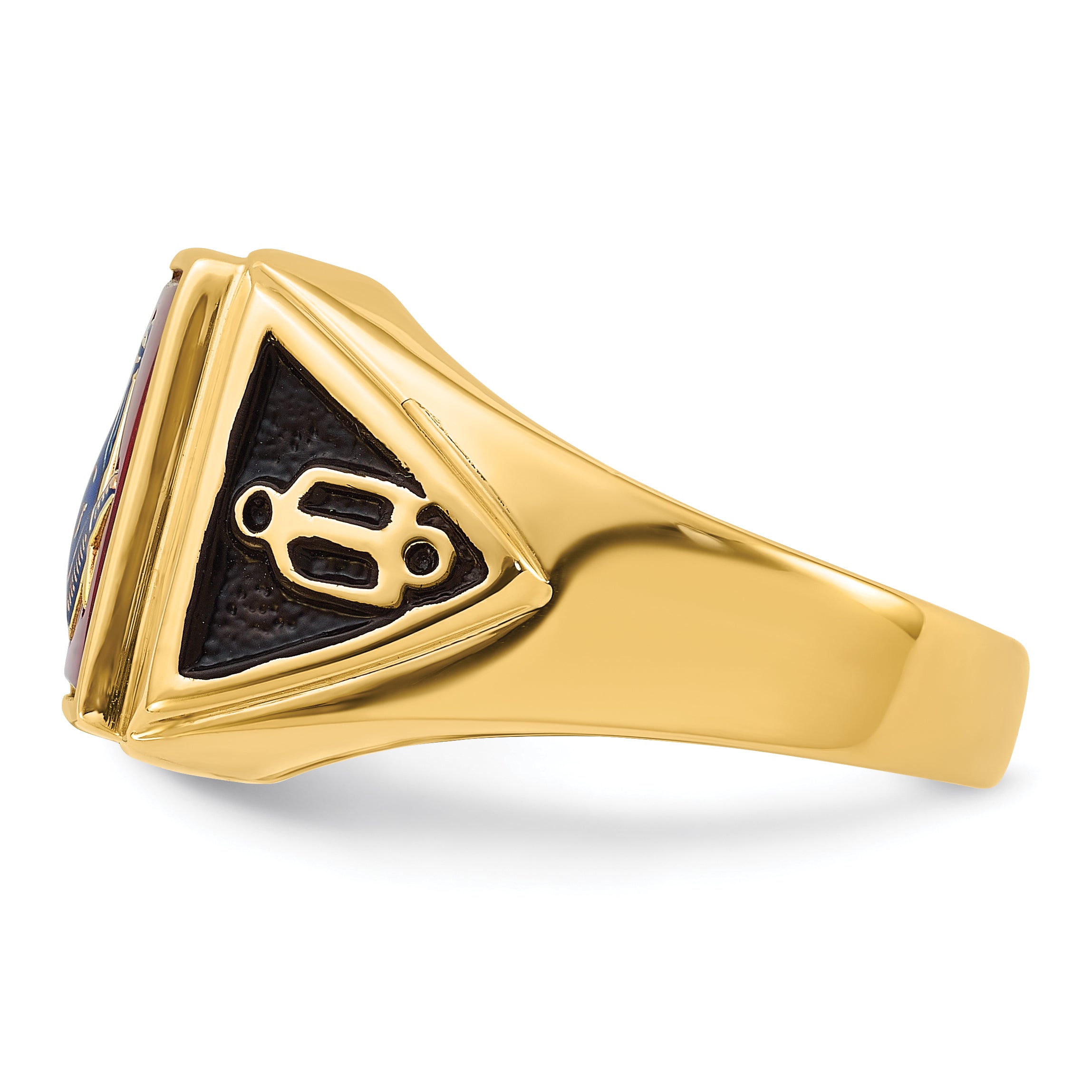 14k Men's Polished and Textured with Black Enamel and Lab Created Ruby Masonic Ring