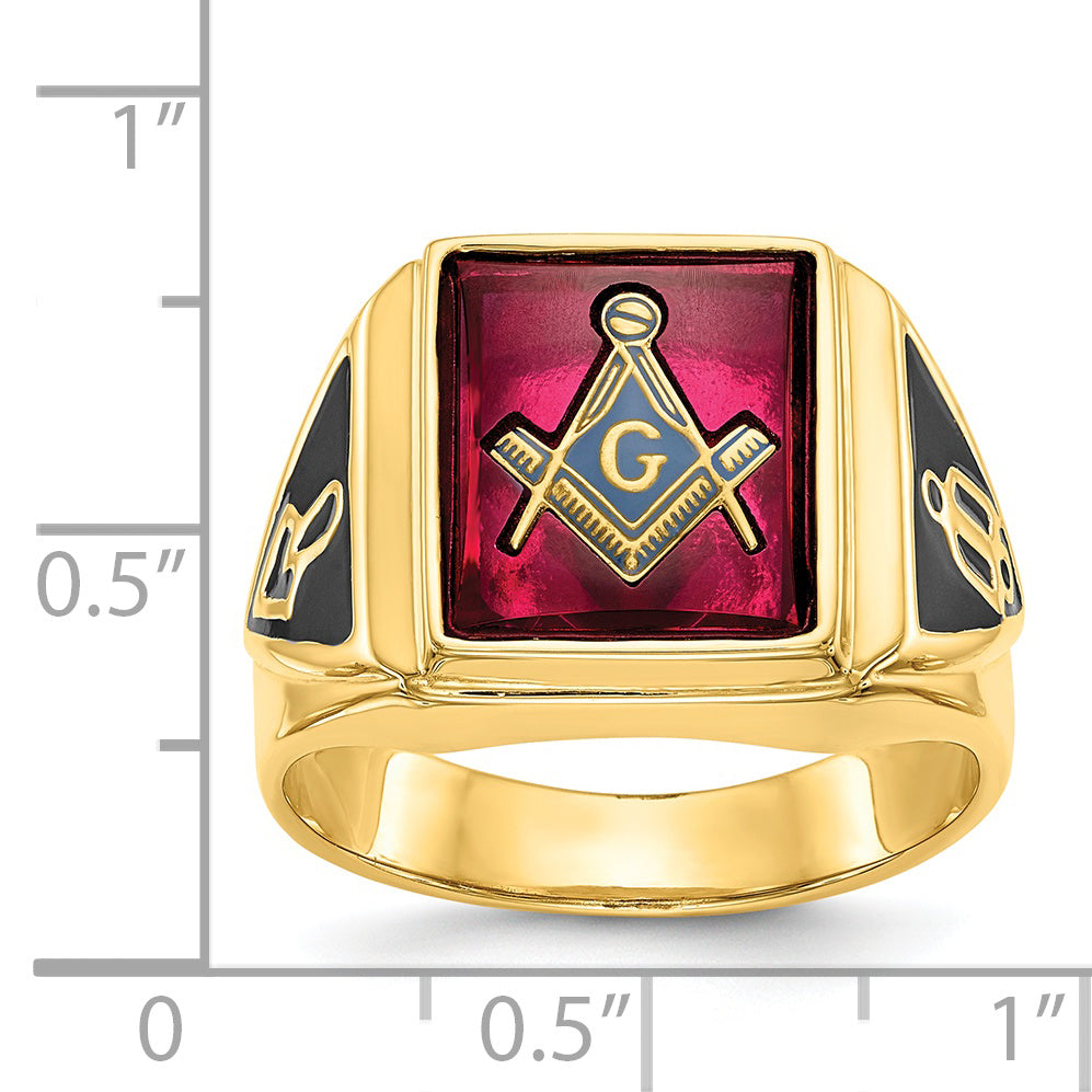 14k Men's Polished and Textured with Black Enamel and Lab Created Ruby Masonic Ring