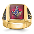 14k Men's Polished and Textured with Black Enamel and Lab Created Ruby Masonic Ring