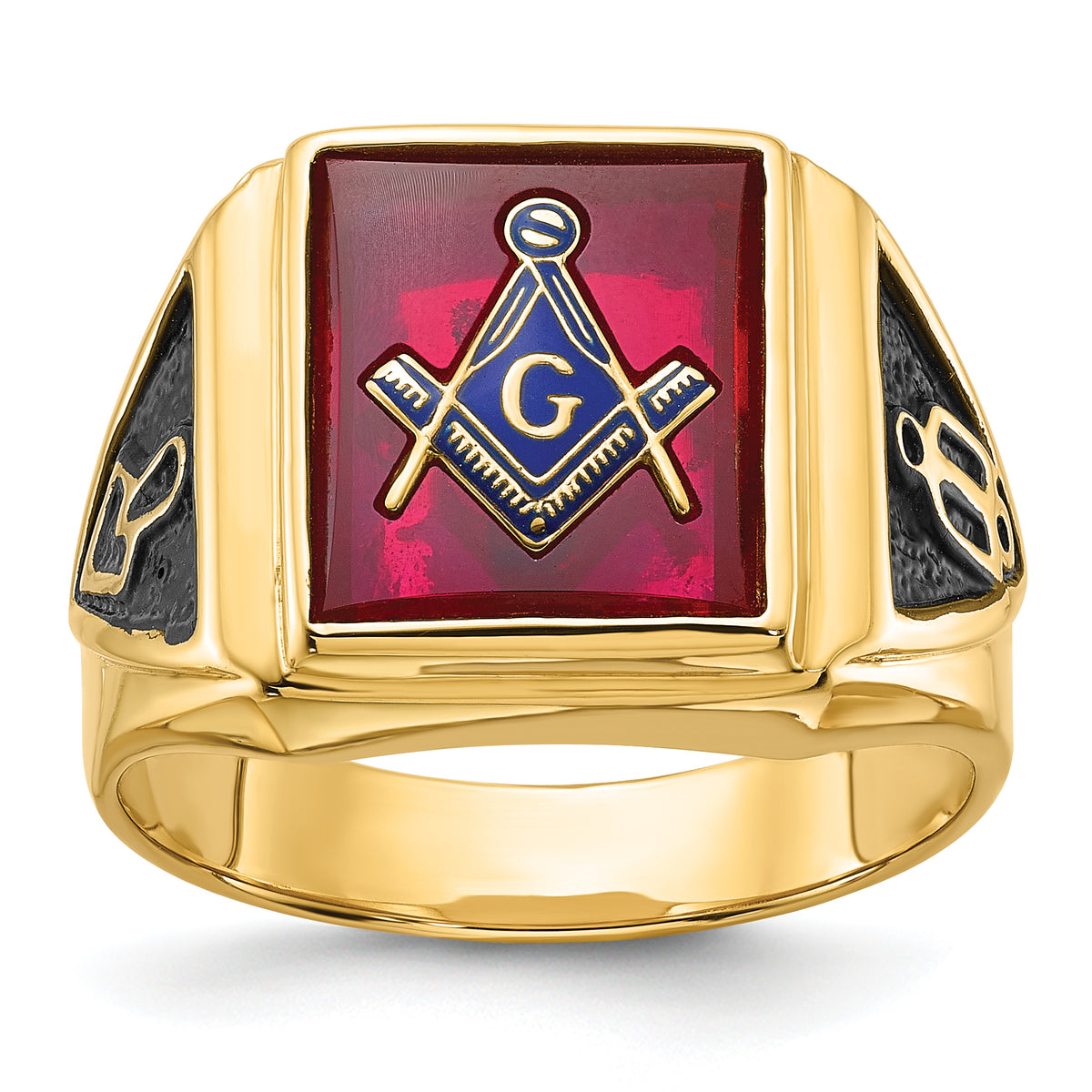 14k Men's Polished and Textured with Black Enamel and Lab Created Ruby Masonic Ring