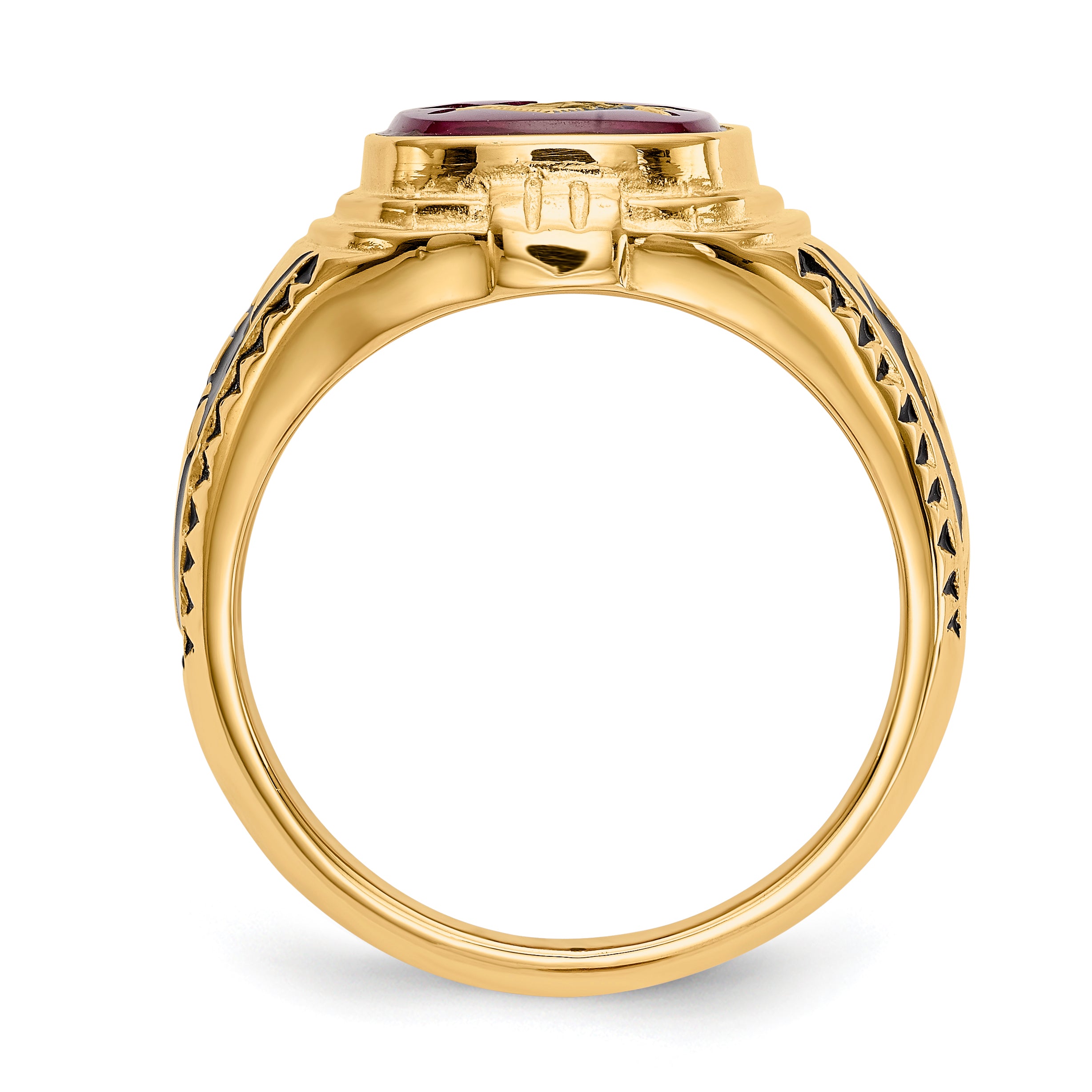 14k Men's Polished and Textured with Black Enamel and Lab Created Ruby Masonic Ring Secondary image