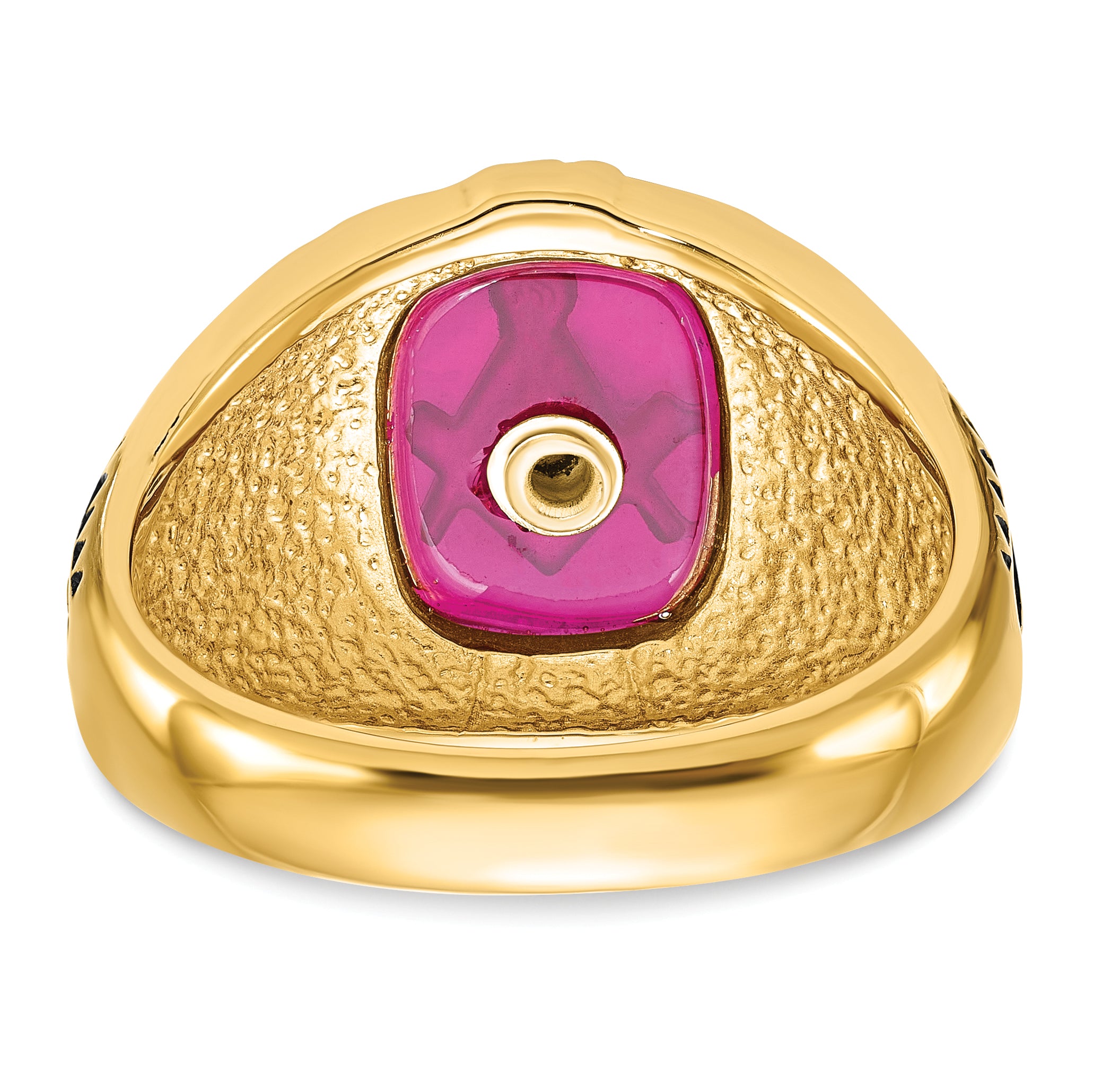 14k Men's Polished and Textured with Black Enamel and Lab Created Ruby Masonic Ring