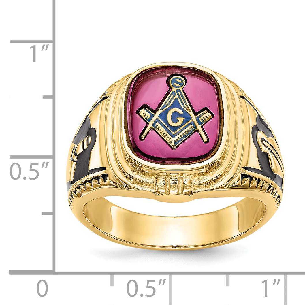 14k Men's Polished and Textured with Black Enamel and Lab Created Ruby Masonic Ring