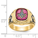 14k Men's Polished and Textured with Black Enamel and Lab Created Ruby Masonic Ring