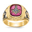 14k Men's Polished and Textured with Black Enamel and Lab Created Ruby Masonic Ring