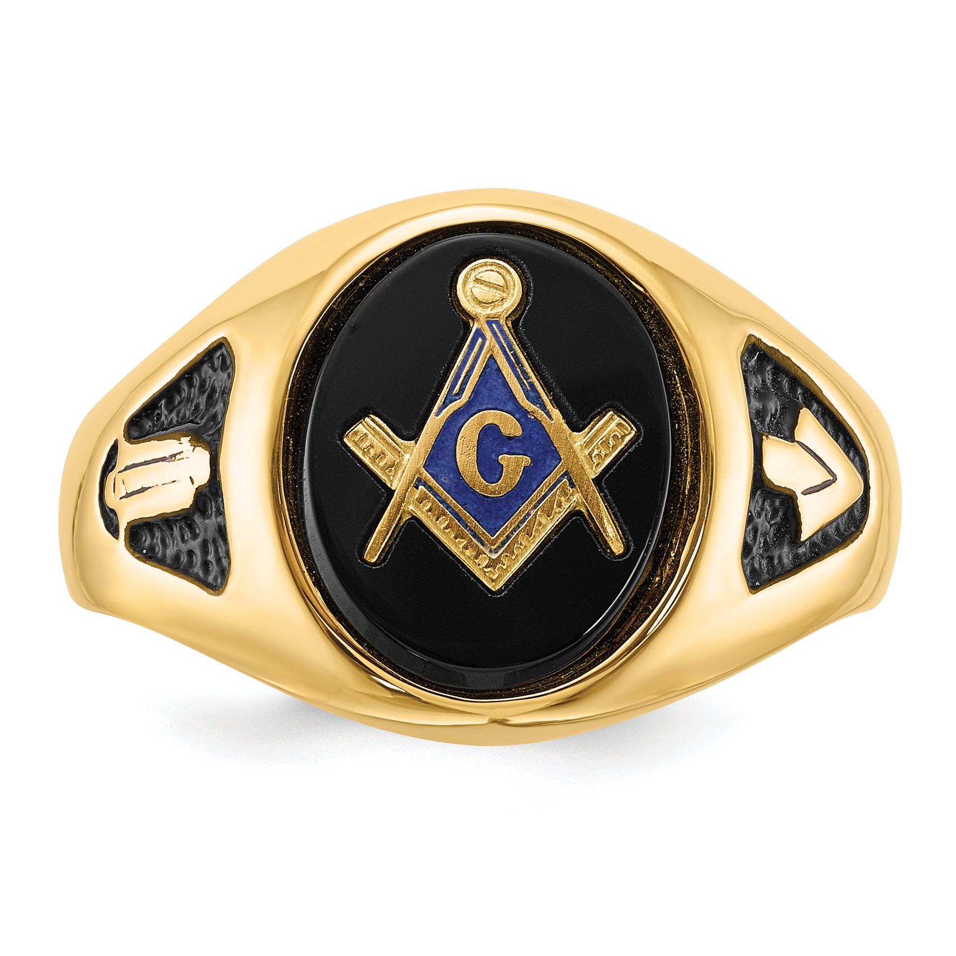 14k Men's Polished and Textured with Black Enamel and Oval Onyx Masonic Ring