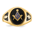 14k Men's Polished and Textured with Black Enamel and Oval Onyx Masonic Ring