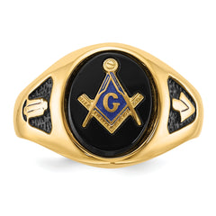 14k Men's Polished and Textured with Black Enamel and Oval Onyx Masonic Ring