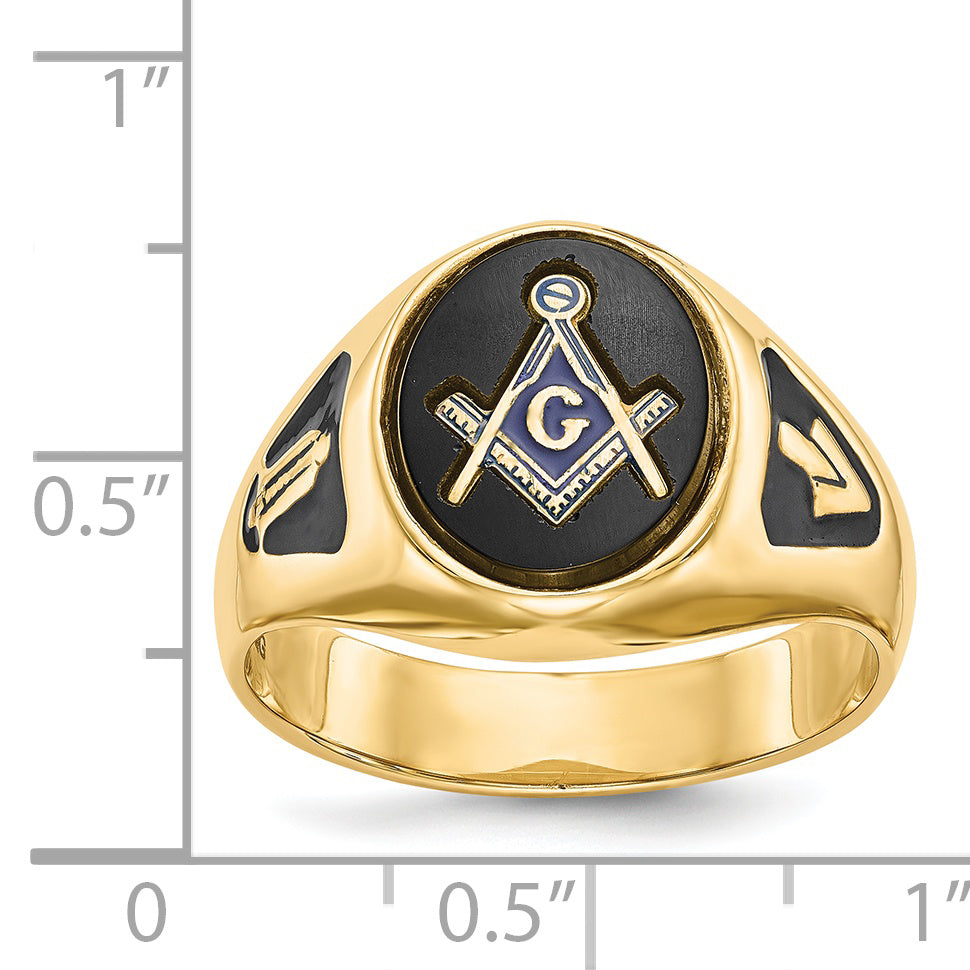 14k Men's Polished and Textured with Black Enamel and Oval Onyx Masonic Ring