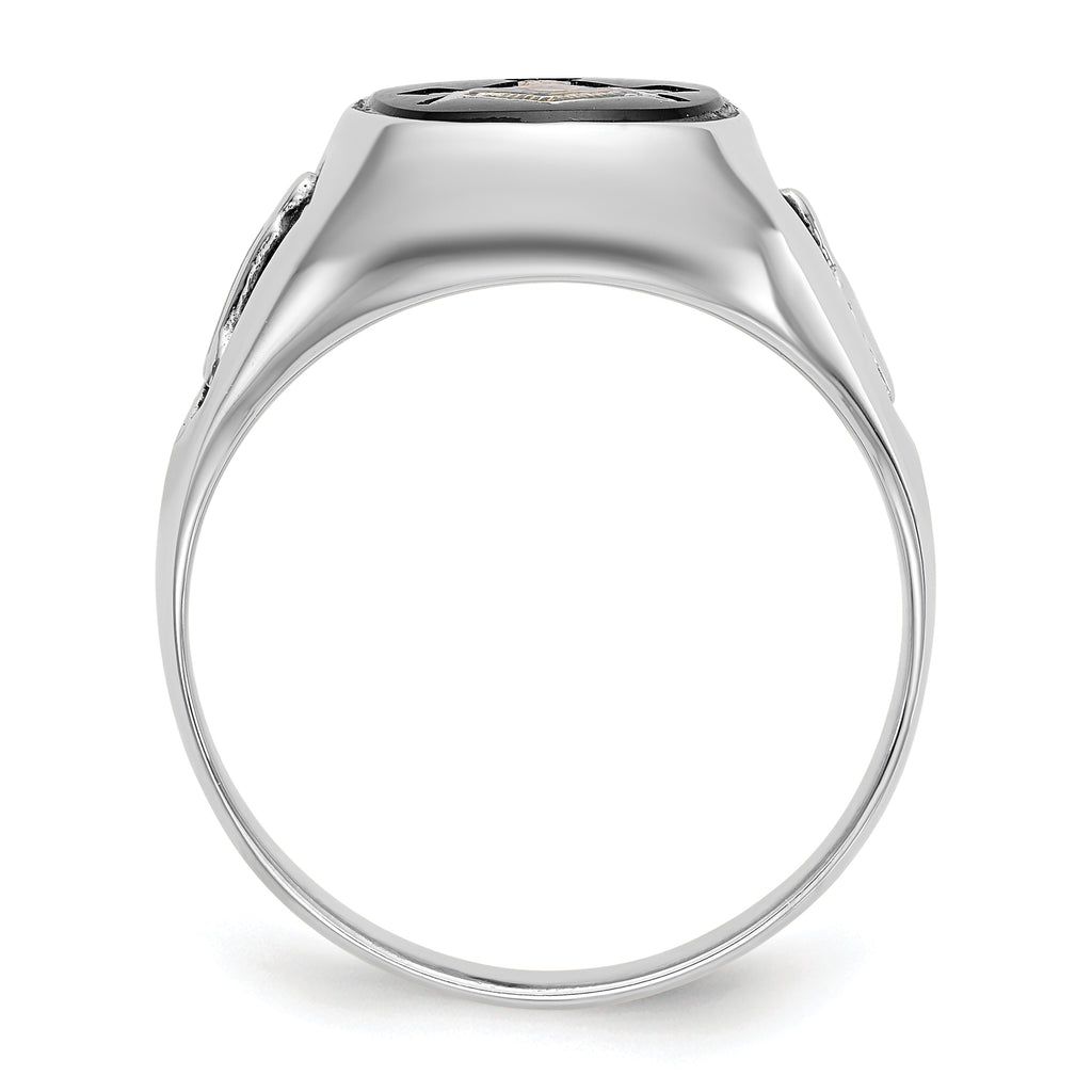 14k White Gold Mens Polished and Textured with Black Enamel and Onyx Masonic Ring