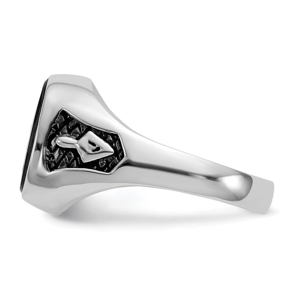 14k White Gold Mens Polished and Textured with Black Enamel and Onyx Masonic Ring