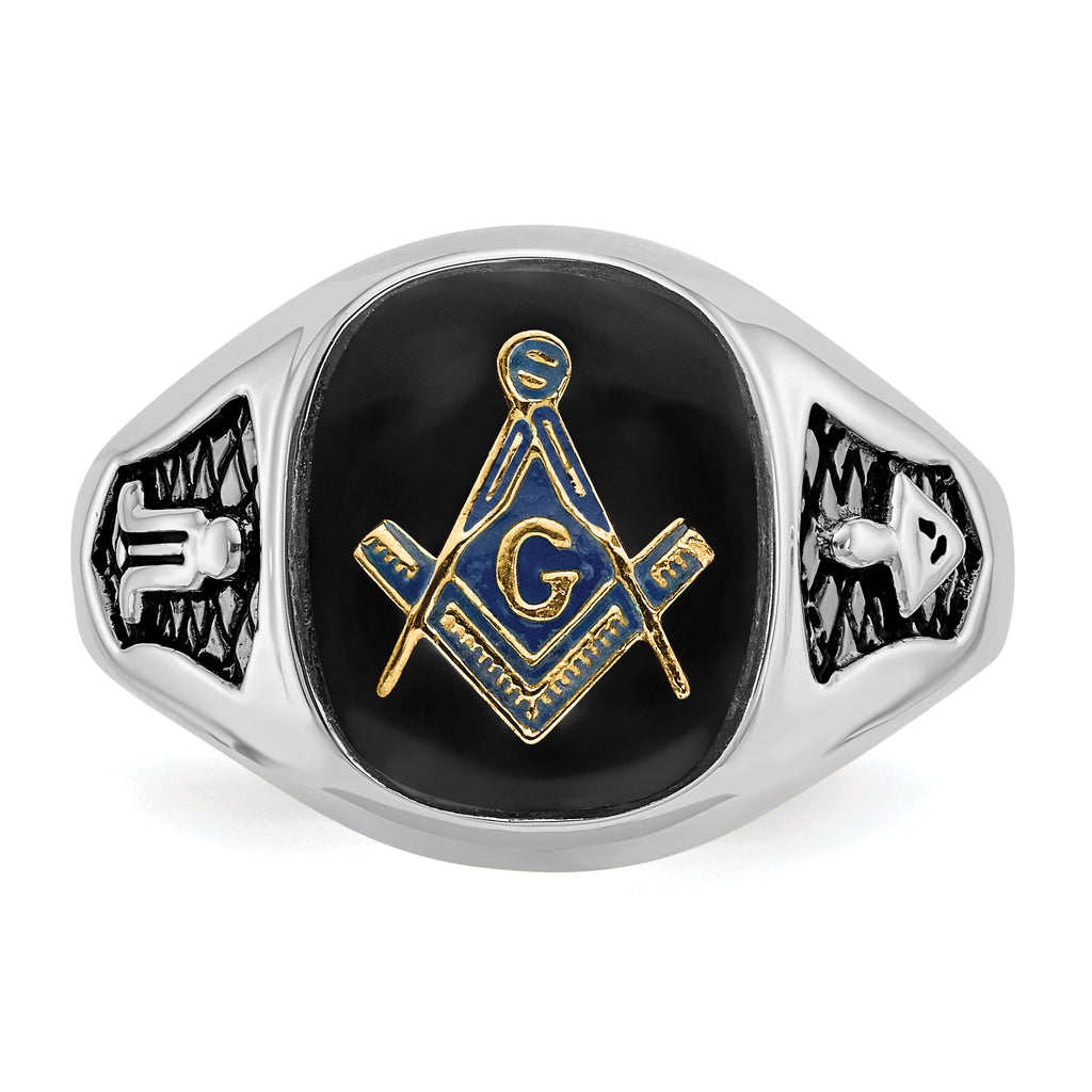 14k White Gold Mens Polished and Textured with Black Enamel and Onyx Masonic Ring