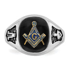 14k White Gold Mens Polished and Textured with Black Enamel and Onyx Masonic Ring