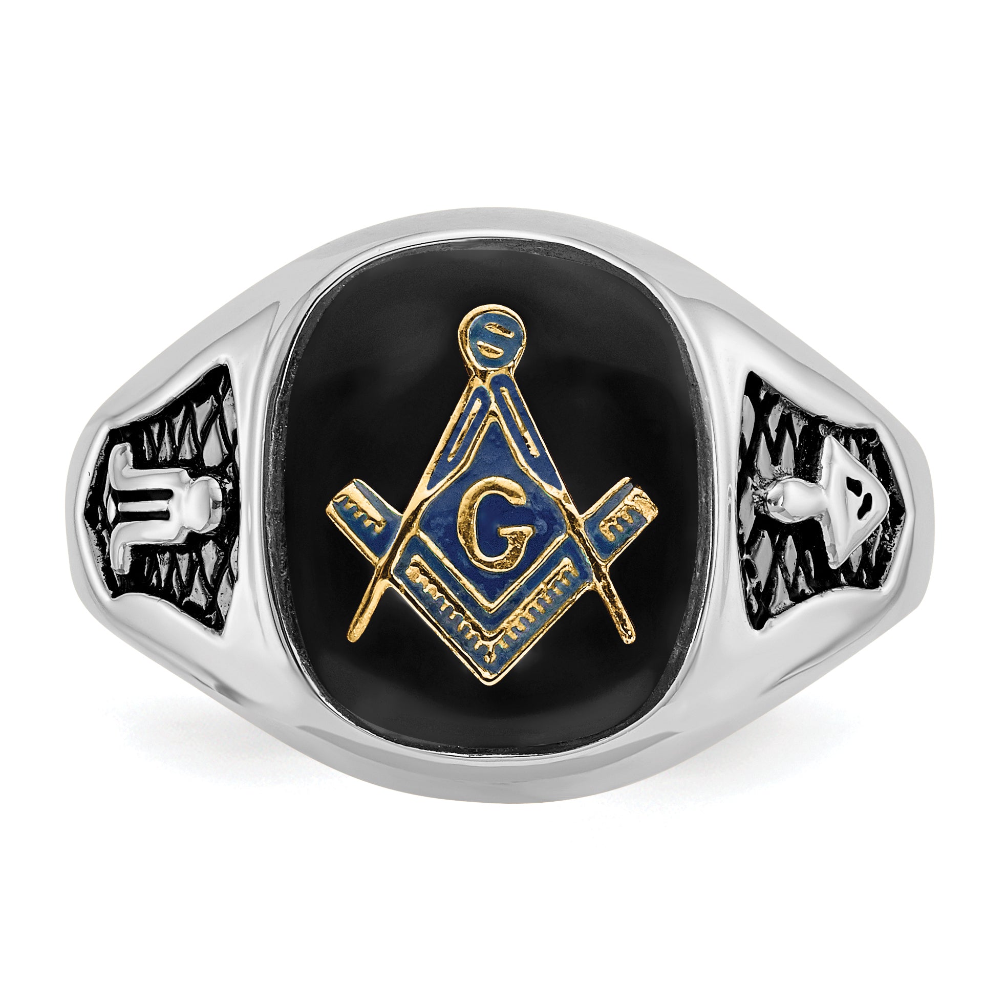 14k White Gold Mens Polished and Textured with Black Enamel and Onyx Masonic Ring
