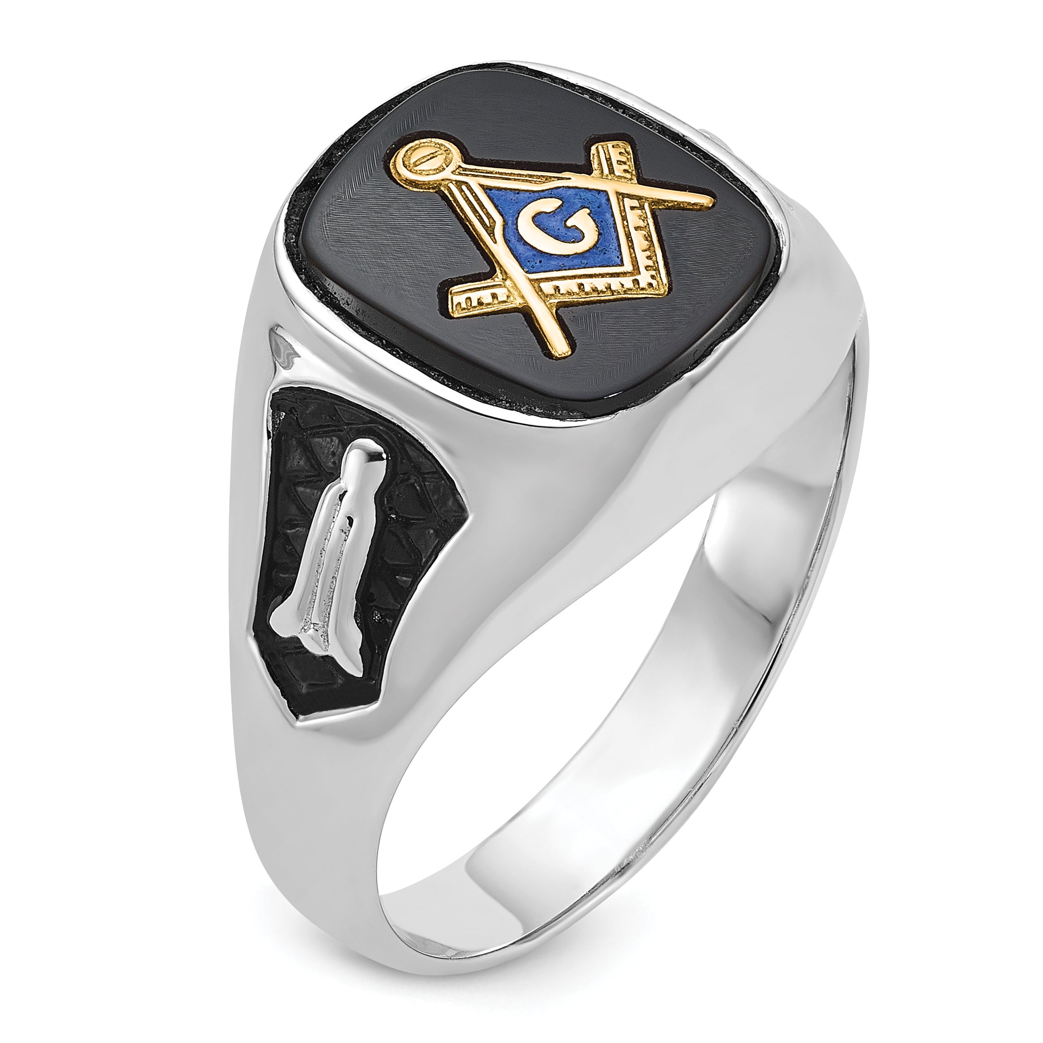 14k White Gold Mens Polished and Textured with Black Enamel and Onyx Masonic Ring