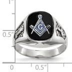 14k White Gold Mens Polished and Textured with Black Enamel and Onyx Masonic Ring
