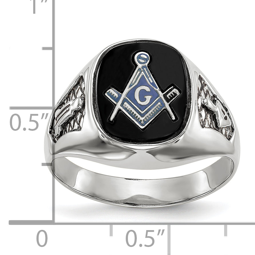 14k White Gold Mens Polished and Textured with Black Enamel and Onyx Masonic Ring
