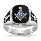 14k White Gold Mens Polished and Textured with Black Enamel and Onyx Masonic Ring