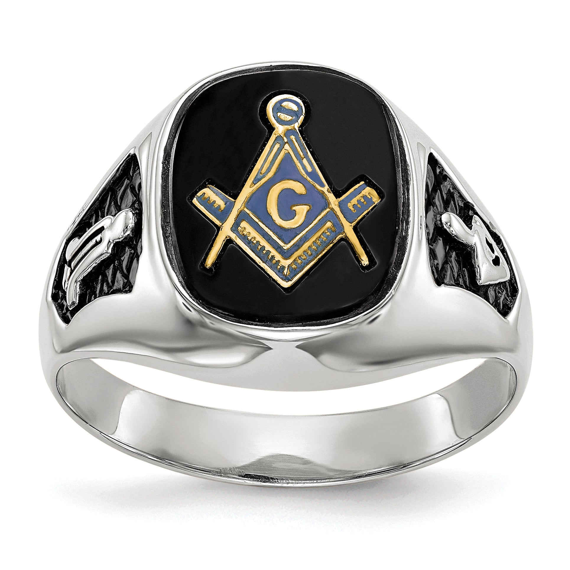 14k White Gold Mens Polished and Textured with Black Enamel and Onyx Masonic Ring