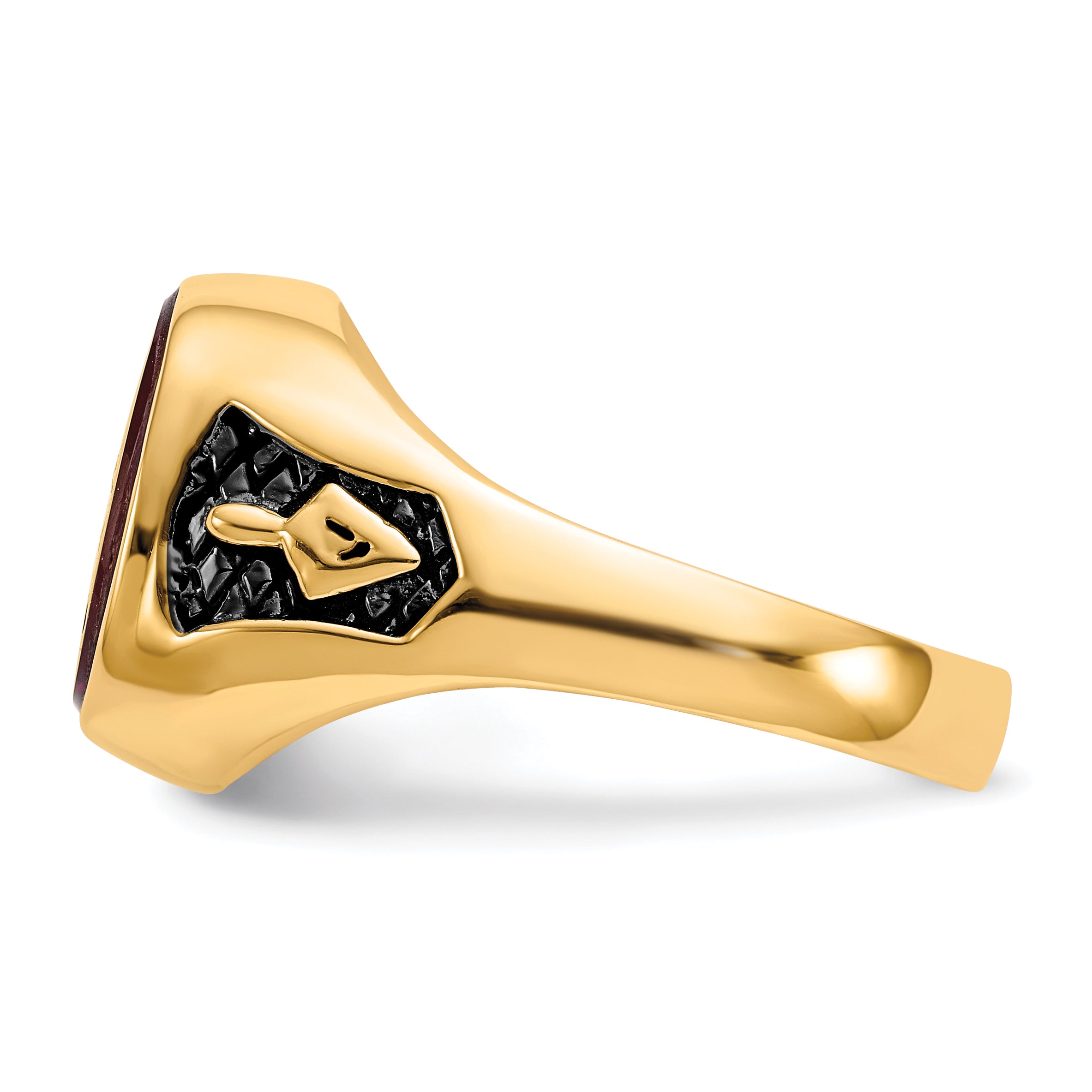 14k Men's Polished and Textured with Black Enamel and Lab Created Ruby Masonic Ring