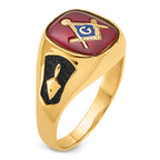 14k Men's Polished and Textured with Black Enamel and Lab Created Ruby Masonic Ring