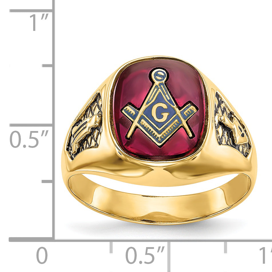 14k Men's Polished and Textured with Black Enamel and Lab Created Ruby Masonic Ring