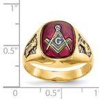 14k Men's Polished and Textured with Black Enamel and Lab Created Ruby Masonic Ring