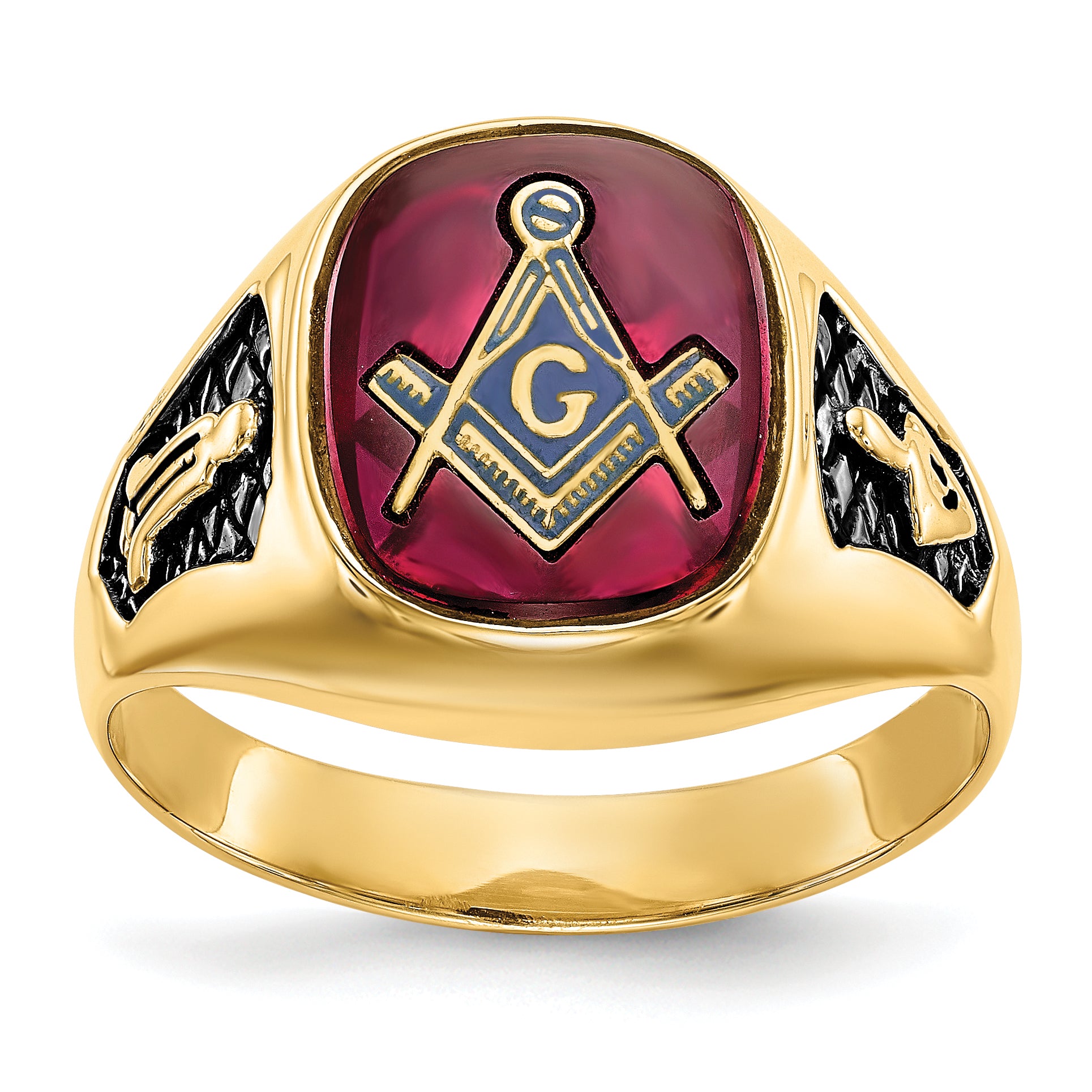 14k Men's Polished and Textured with Black Enamel and Lab Created Ruby Masonic Ring Main image