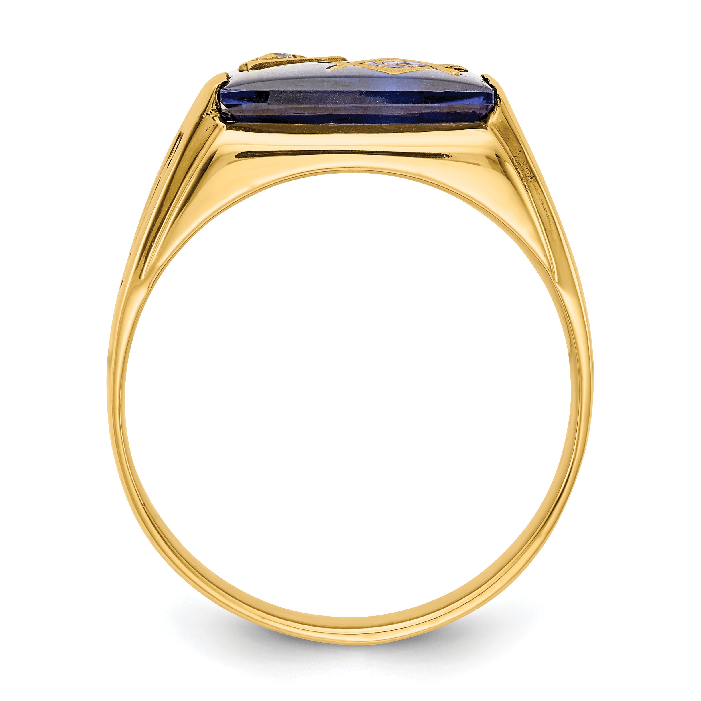 14k Mens Polished and Textured Black Enameled Imitation Blue Spinel and AA Quality Diamond Masonic Ring