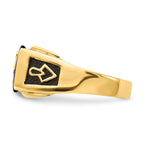 14k Mens Polished and Textured Black Enameled Imitation Blue Spinel and AA Quality Diamond Masonic Ring