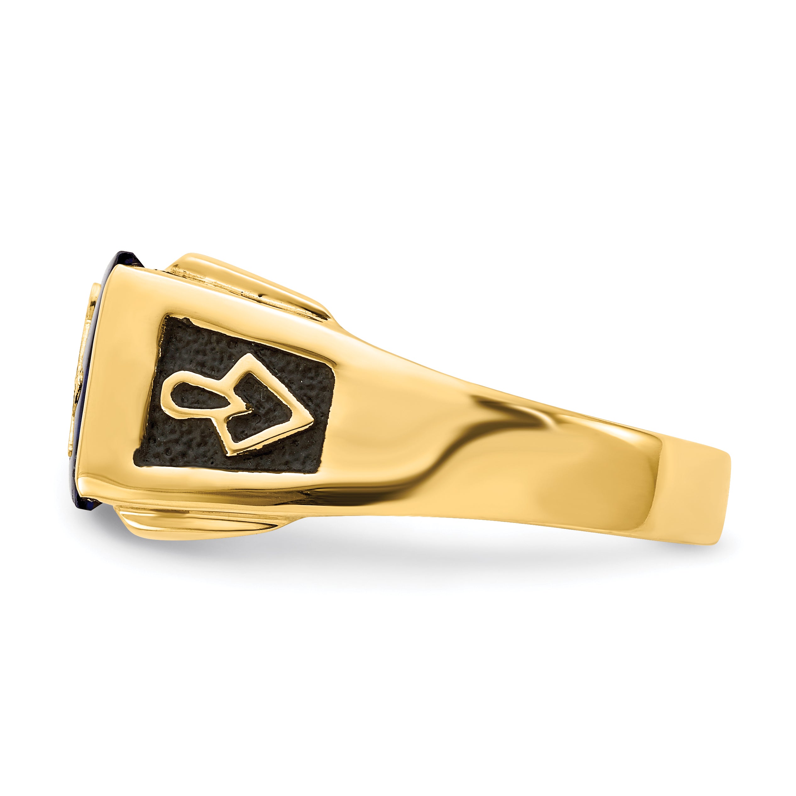 14k Mens Polished and Textured Black Enameled Imitation Blue Spinel and AAA Quality Diamond Masonic Ring