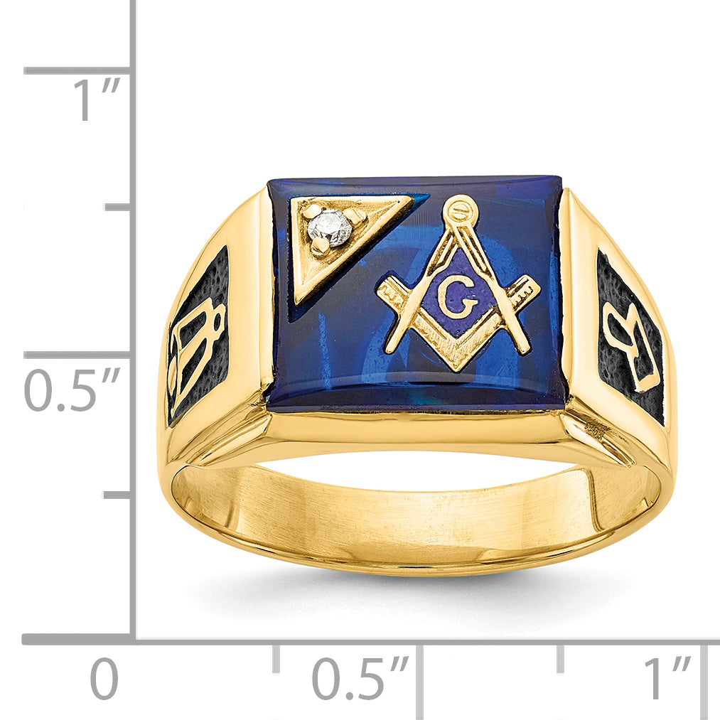 14k Mens Polished and Textured Black Enameled Imitation Blue Spinel and AAA Quality Diamond Masonic Ring