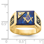 14k Mens Polished and Textured Black Enameled Imitation Blue Spinel and AA Quality Diamond Masonic Ring