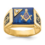 14k Mens Polished and Textured Black Enameled Imitation Blue Spinel and AA Quality Diamond Masonic Ring