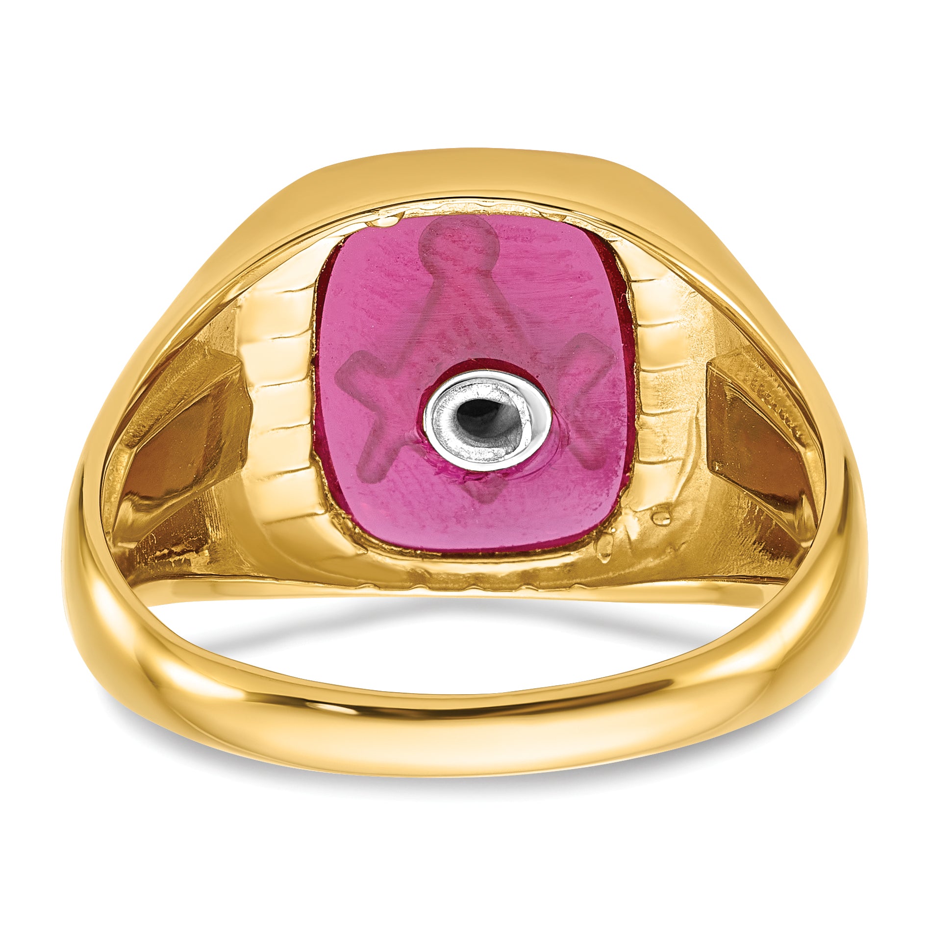 14k Men's Polished and Textured with Black Enamel and Lab Created Ruby Masonic Ring