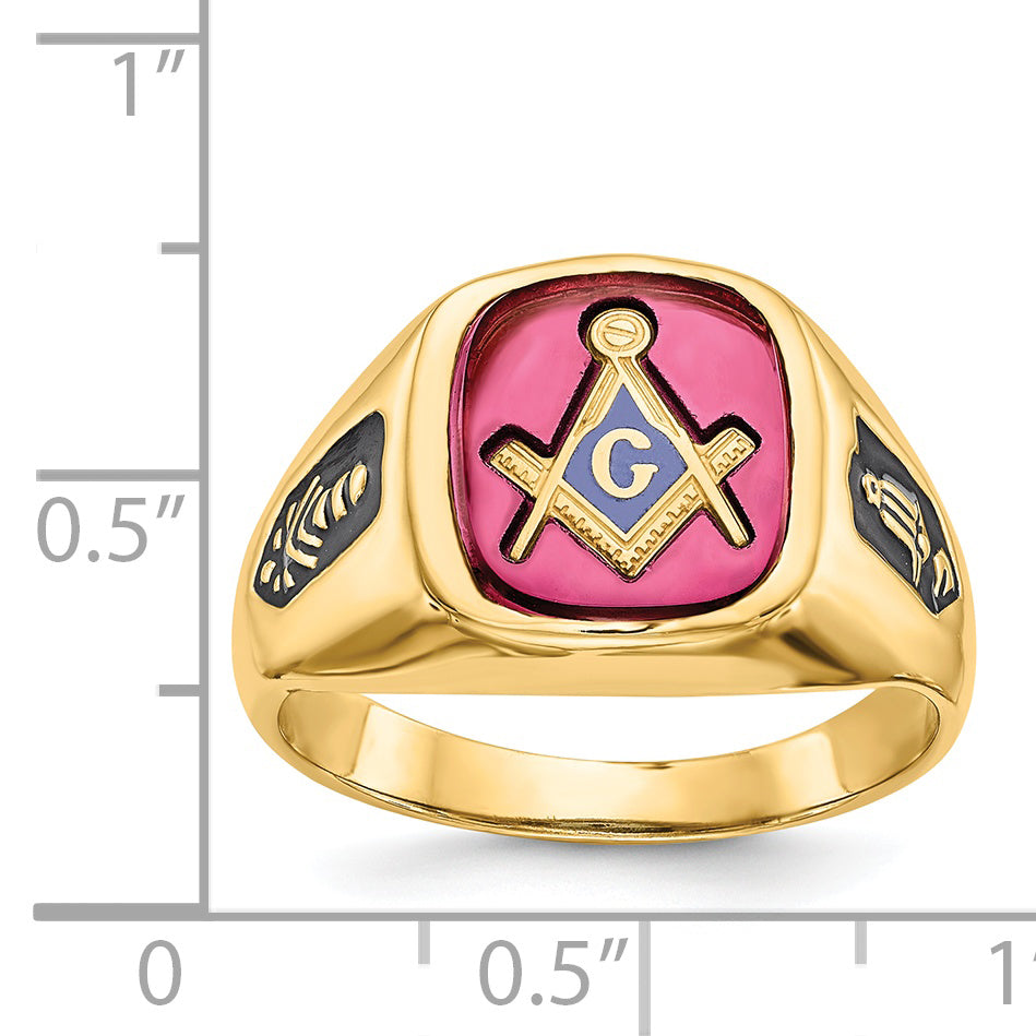 14k Men's Polished and Textured with Black Enamel and Lab Created Ruby Masonic Ring