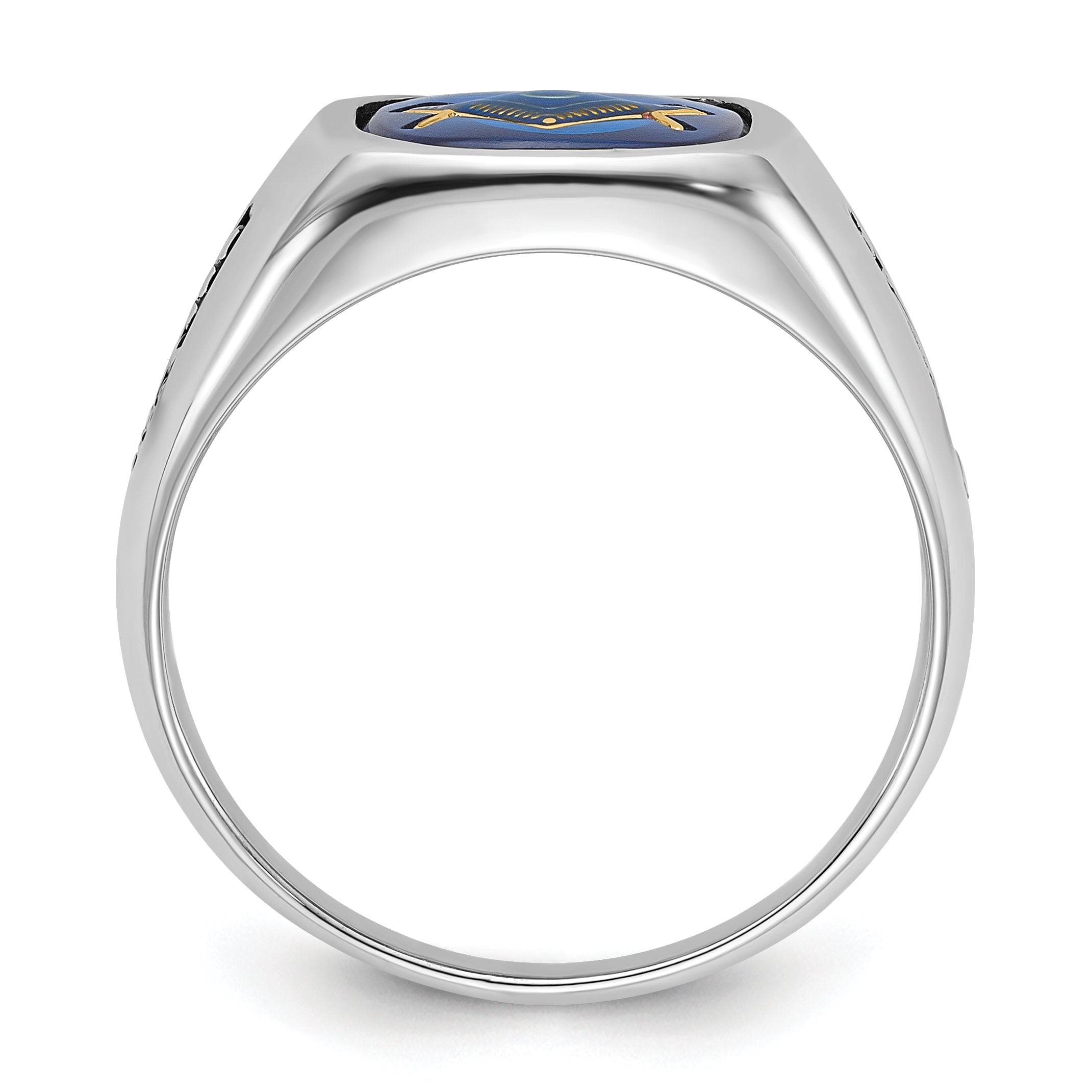 14k White Gold Men's Polished and Grooved with Black Enamel and Imitation Blue Spinel Masonic Ring Secondary image
