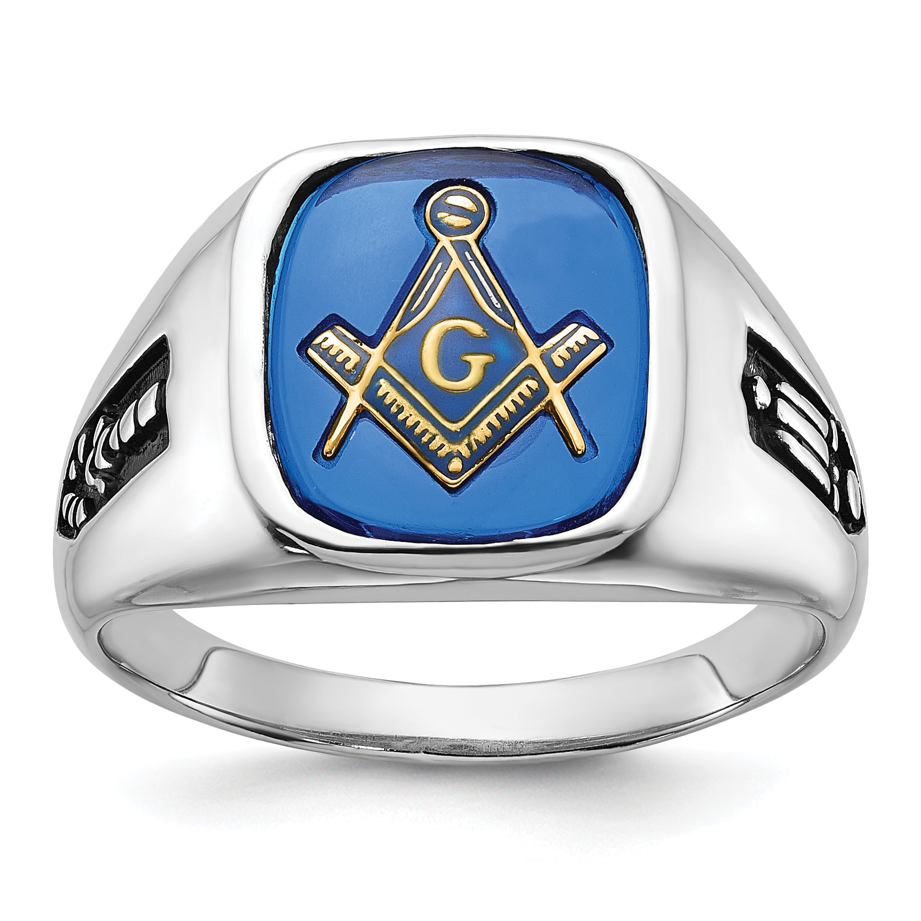 14k White Gold Men's Polished and Grooved with Black Enamel and Imitation Blue Spinel Masonic Ring Main image