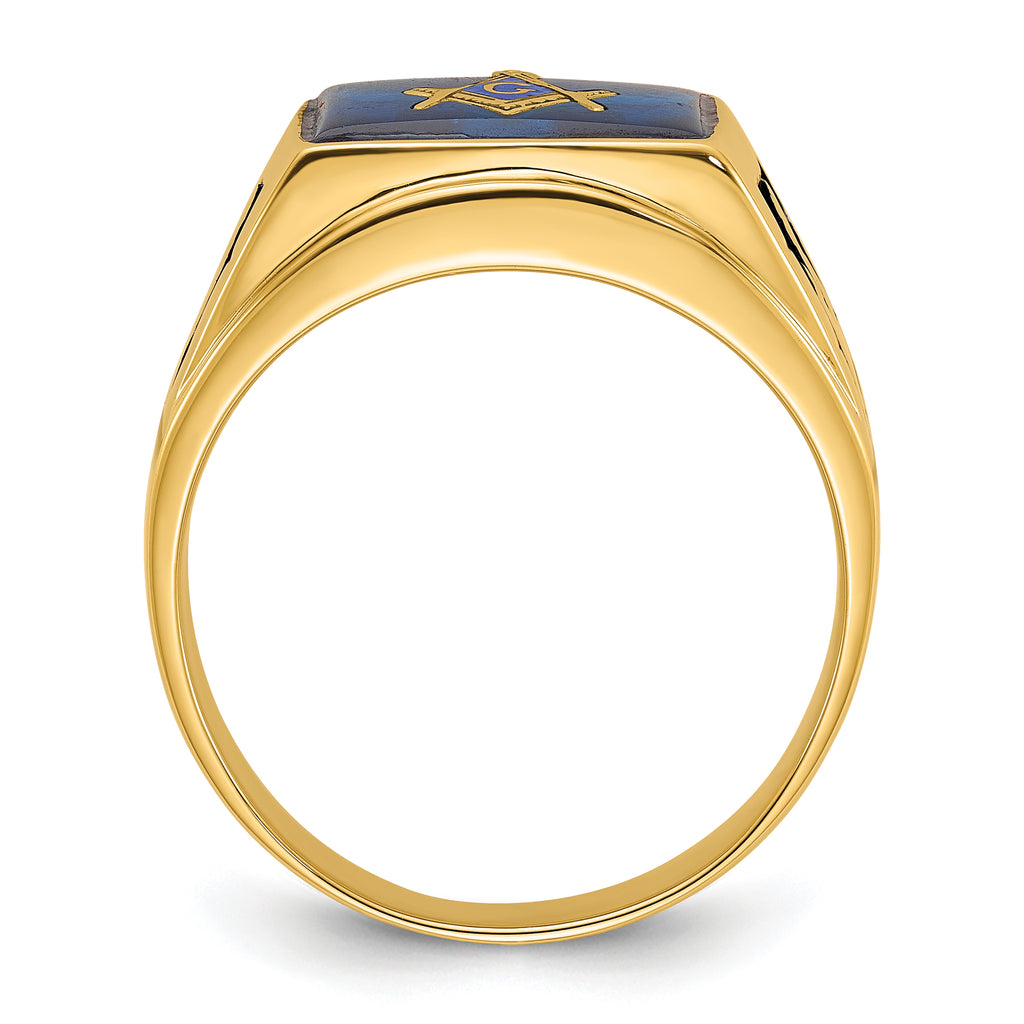 14k Mens Polished and Textured with Black Enamel and Imitation Blue Spinel Masonic Ring