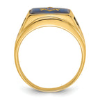 14k Mens Polished and Textured with Black Enamel and Imitation Blue Spinel Masonic Ring