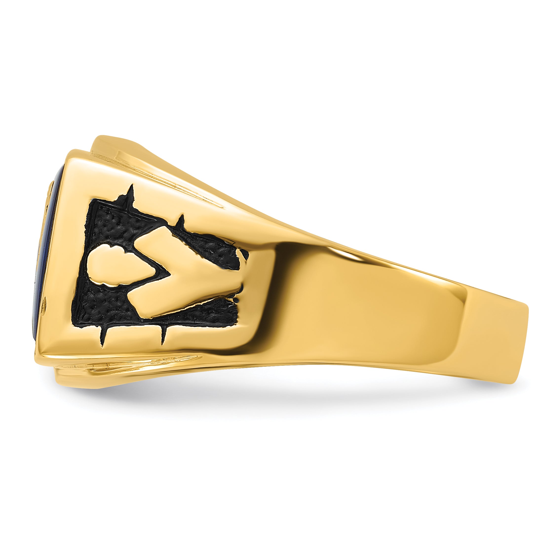 14k Mens Polished and Textured with Black Enamel and Imitation Blue Spinel Masonic Ring