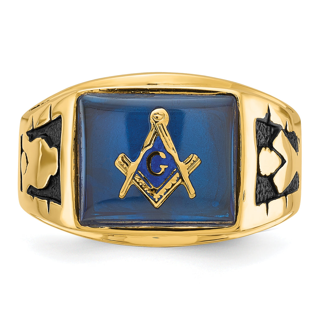 14k Mens Polished and Textured with Black Enamel and Imitation Blue Spinel Masonic Ring
