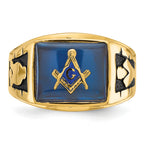 14k Mens Polished and Textured with Black Enamel and Imitation Blue Spinel Masonic Ring