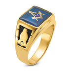 14k Mens Polished and Textured with Black Enamel and Imitation Blue Spinel Masonic Ring