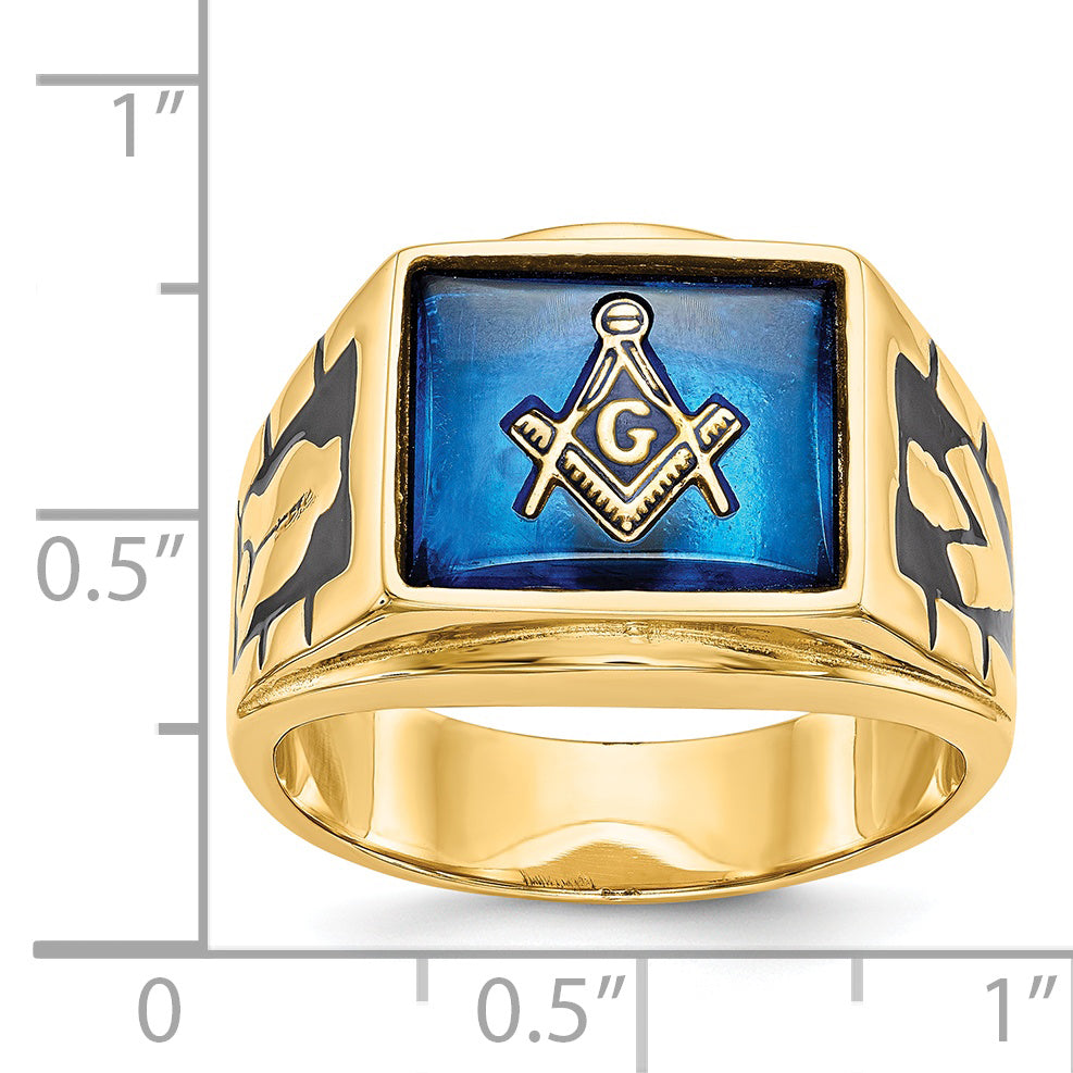 14k Mens Polished and Textured with Black Enamel and Imitation Blue Spinel Masonic Ring