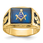 14k Mens Polished and Textured with Black Enamel and Imitation Blue Spinel Masonic Ring