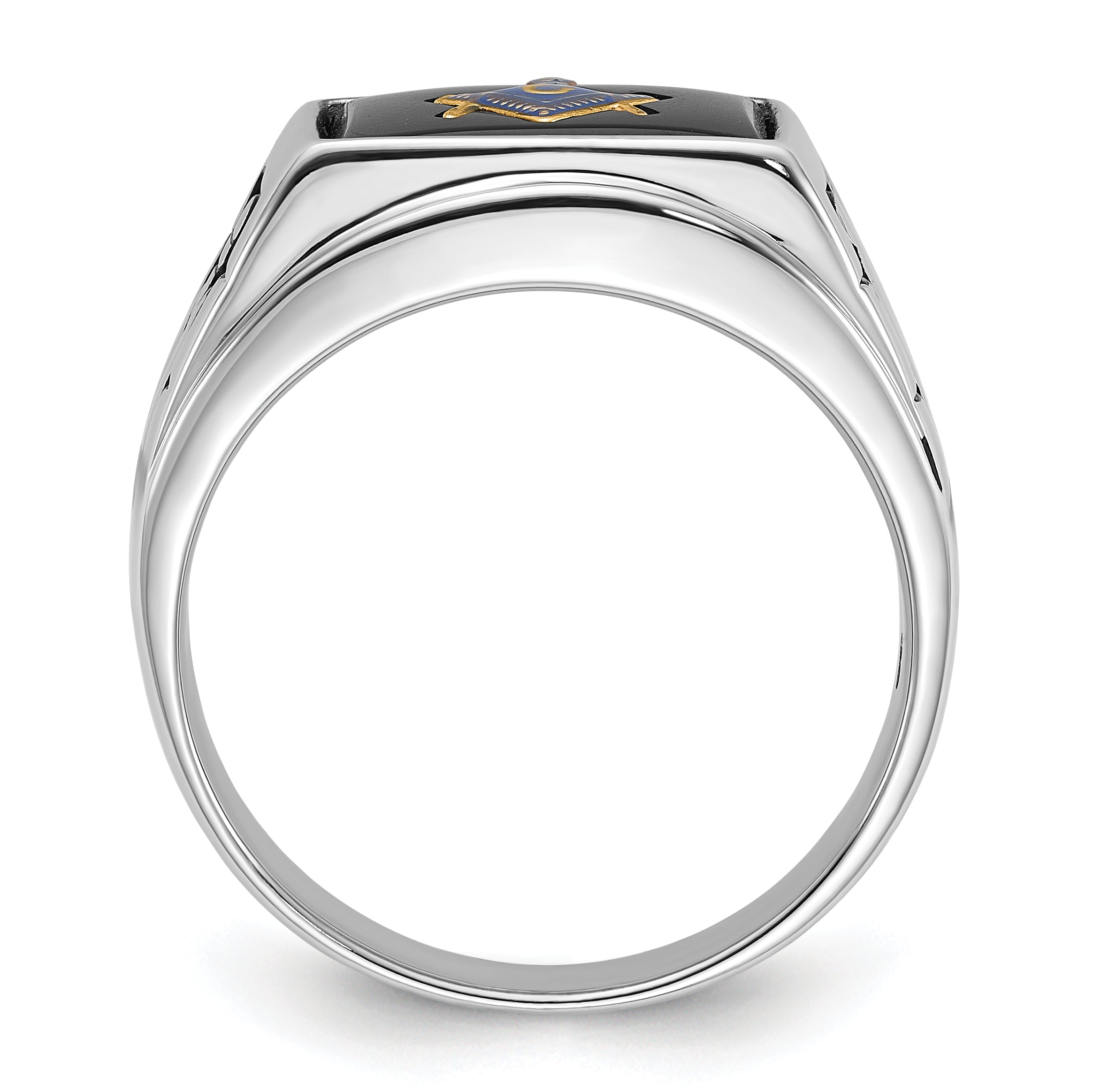14k White Gold Men's Polished and Textured with Black Enamel and Onyx Masonic Ring Secondary image