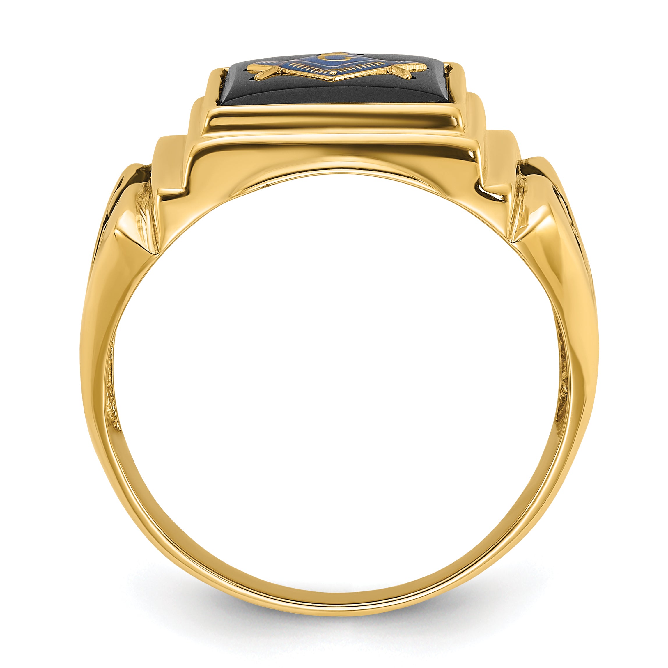 14k Men's Polished and Textured with Black Enamel and Onyx Masonic Ring